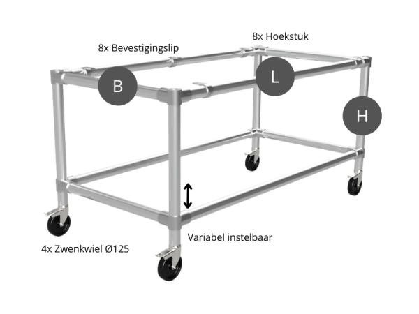 Werktafel 2,44 x 1,22 m - Multiplex werkblad 40 mm - gegalvaniseerd onderstel Ø 33,7 mm - wielen Ø 80 mm
